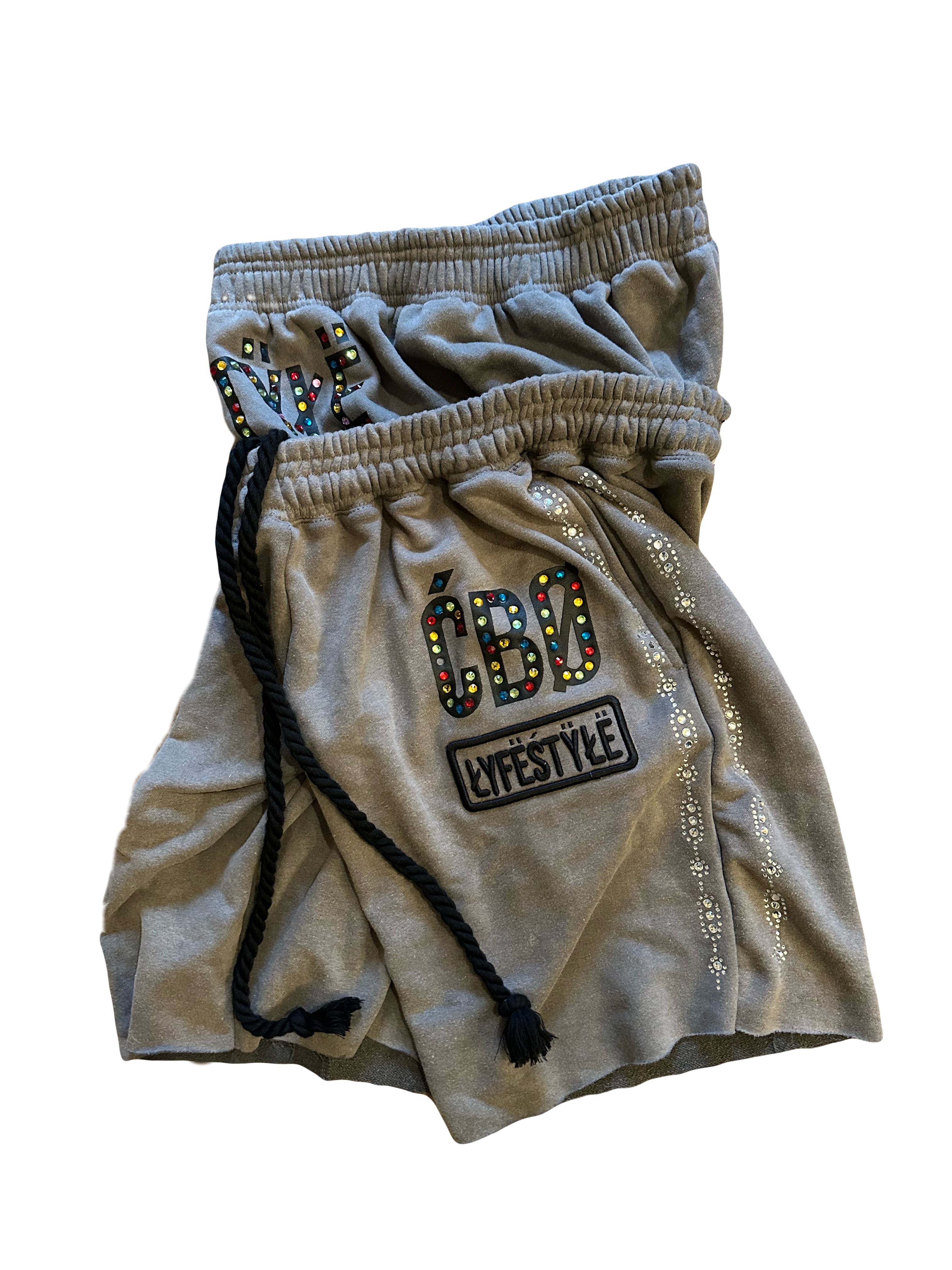 CBO LYFESTYLE ASH GREY DOUBLE WAISTED RHINESTONE SHORTS
